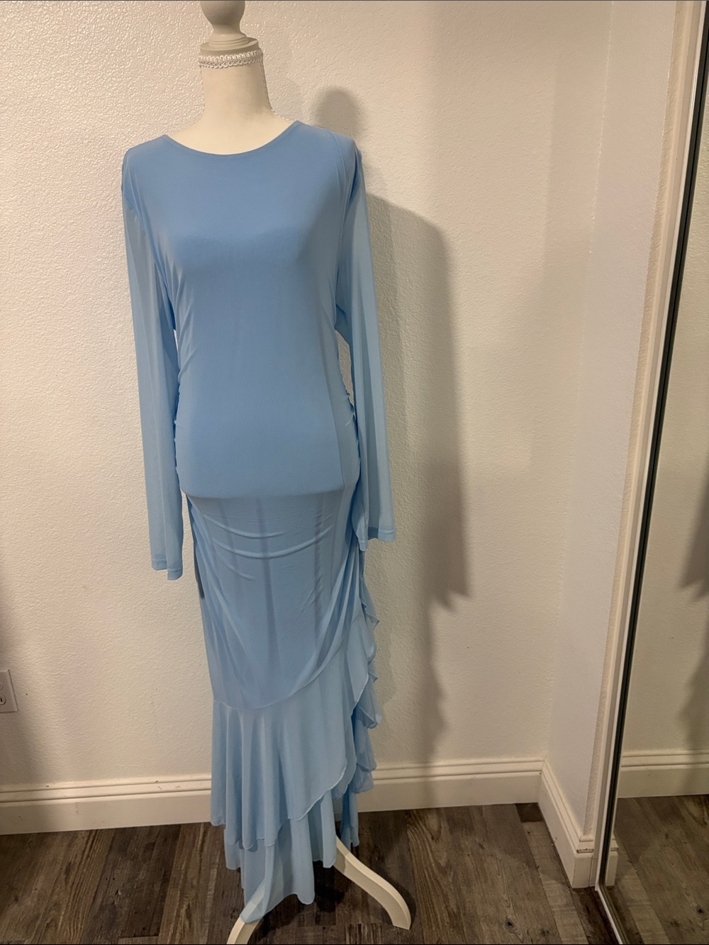 Long Sleeve Light Blue Ruffle Hem Maxi Dress